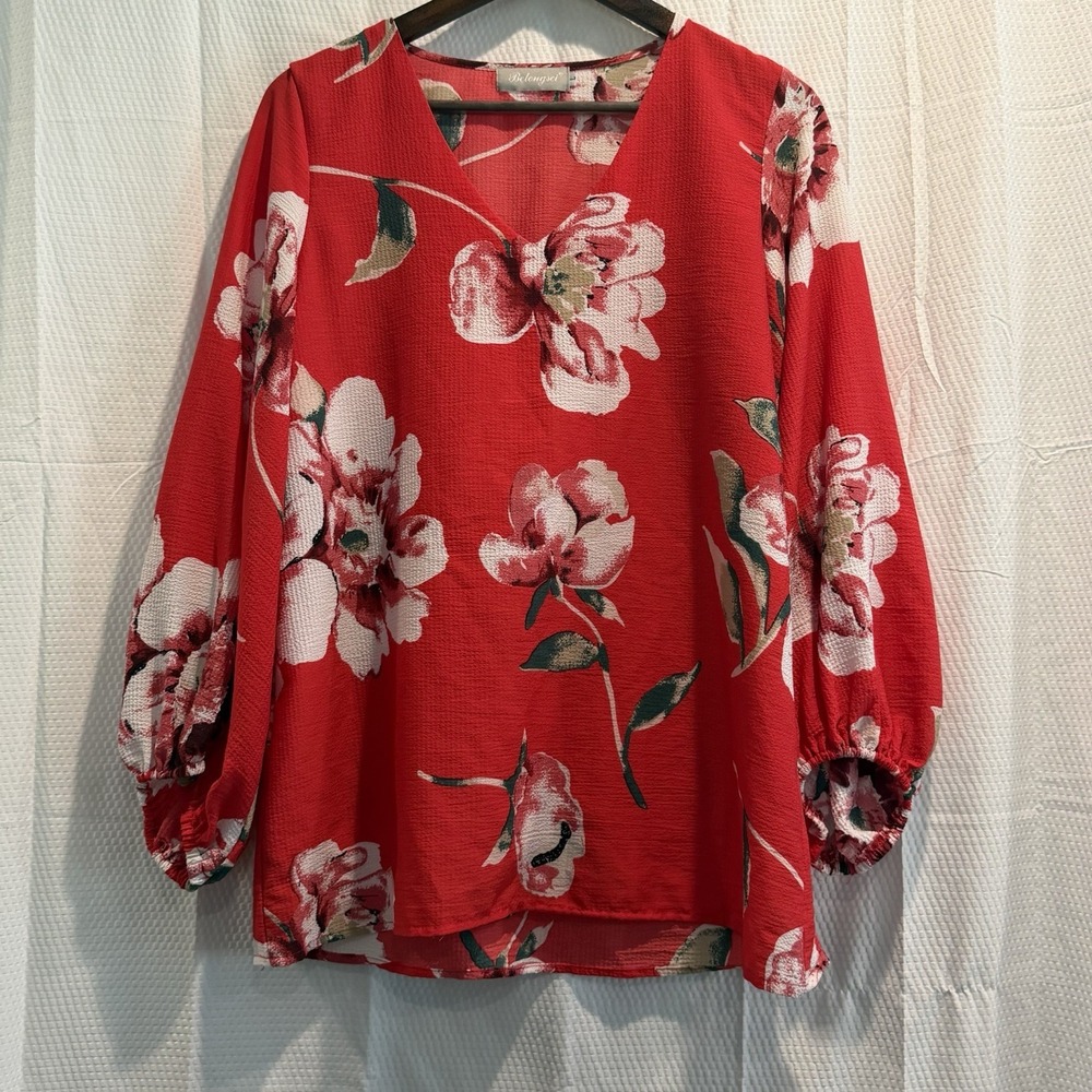 Belongsei V-Neck Red Floral Cocktail Blouse Womens L Bell Sleeve Dressy Brunch